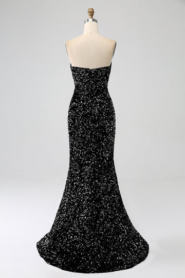 Sort stropløs pailletter Lang havfrue gallakjole med slids